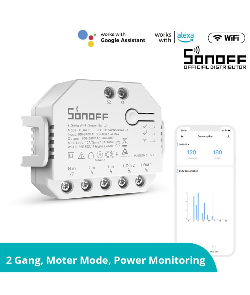 GloboStar® 80062 SONOFF DUALR3 Lite - Wi-Fi Smart Dual Relay Two Way Power Metering - Smart Switch